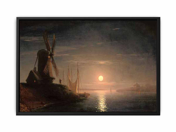 A windmill overlooking a moonlit bay