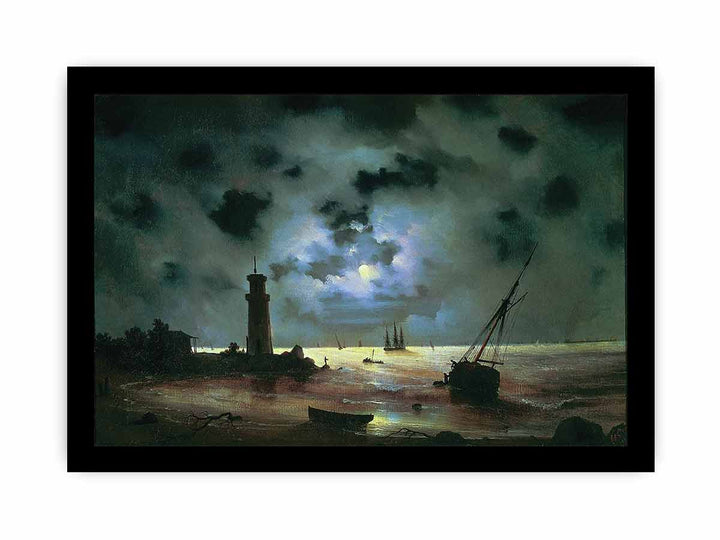 Sea coast at night. Near the beacon