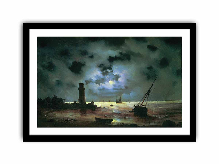 Sea coast at night. Near the beacon