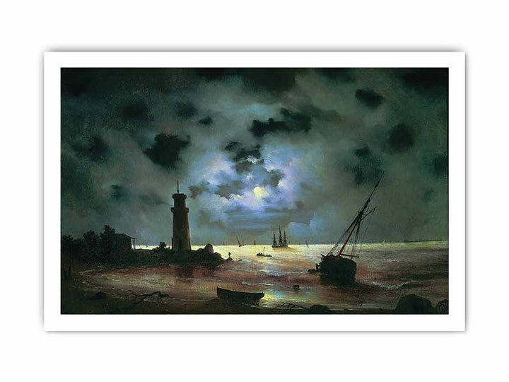 Sea coast at night. Near the beacon