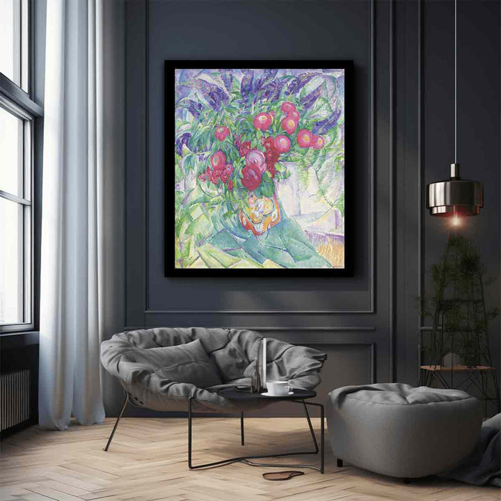 Still life with peonies anemones and lupins