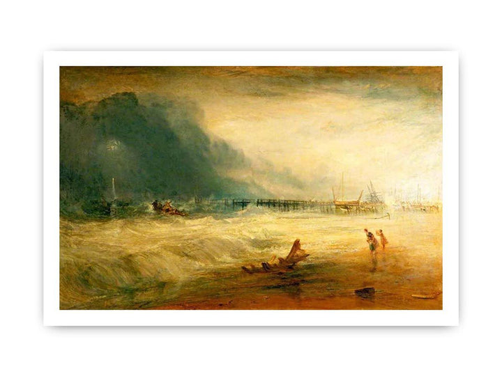 Lifeboat and Manby Apparatus going off to a stranded vessel making signal blue lights of distress , c.1831
