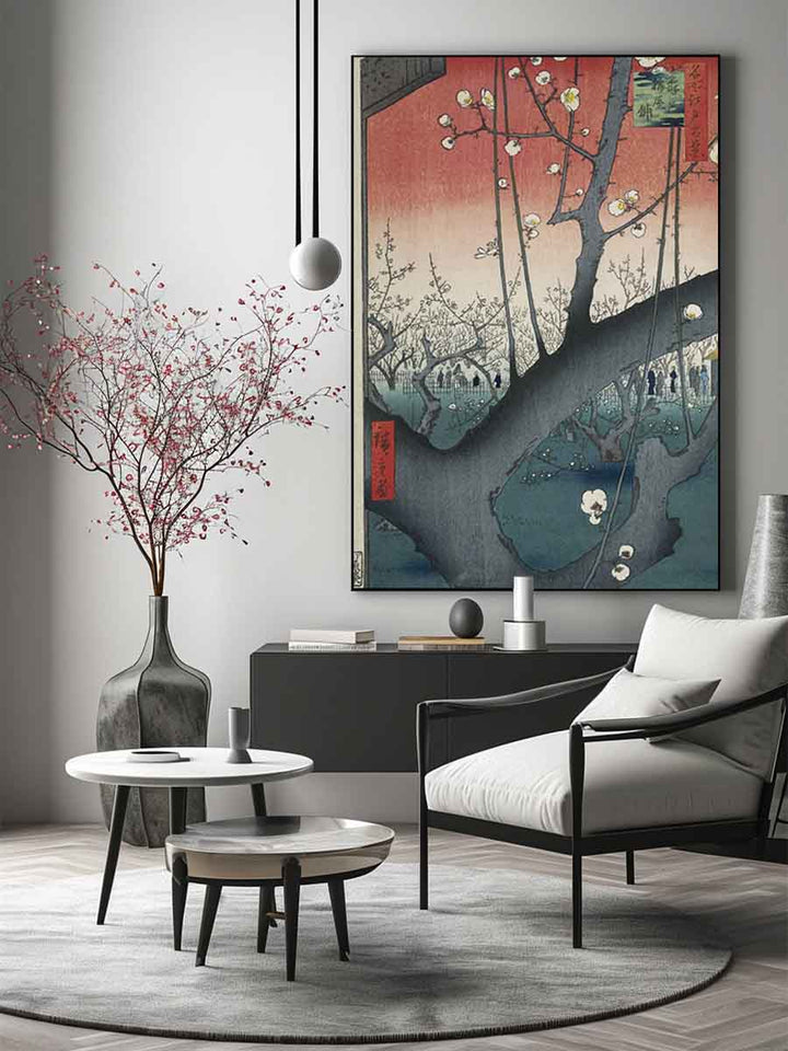 De pruimenboomgaard te Kameido Kameido umeyashiki (titel op object) Honderd beroemde gezichten op Edo (serietitel) Meisho Edo hyakkei