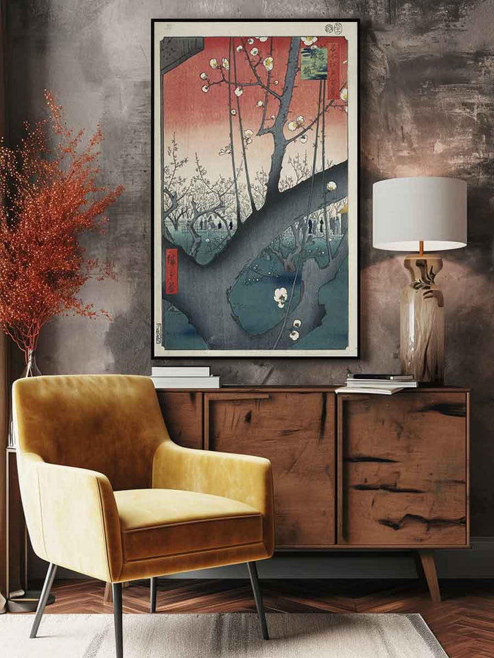 De pruimenboomgaard te Kameido Kameido umeyashiki (titel op object) Honderd beroemde gezichten op Edo (serietitel) Meisho Edo hyakkei