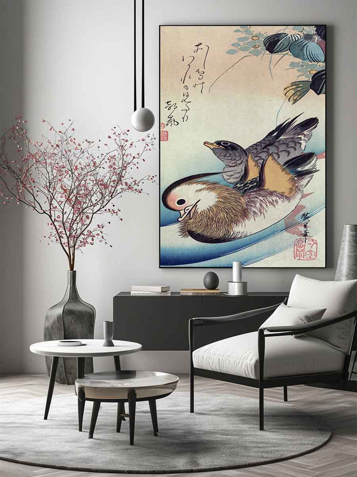 Mandarin duck woodcut
