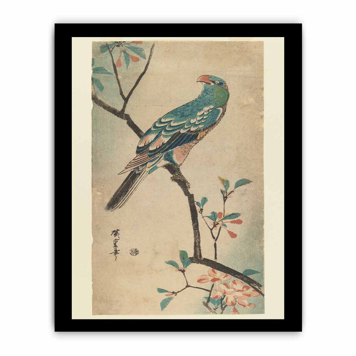 Green Parrot on a branch with red flowers