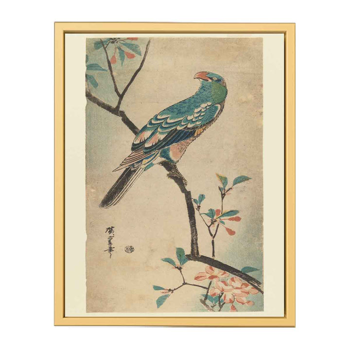 Green Parrot on a branch with red flowers