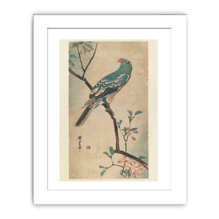Green Parrot on a branch with red flowers