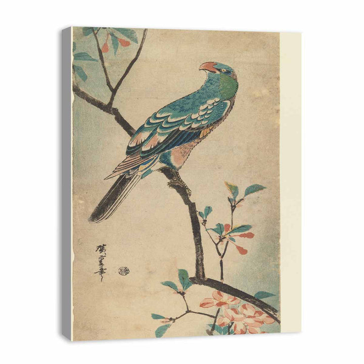 Green Parrot on a branch with red flowers