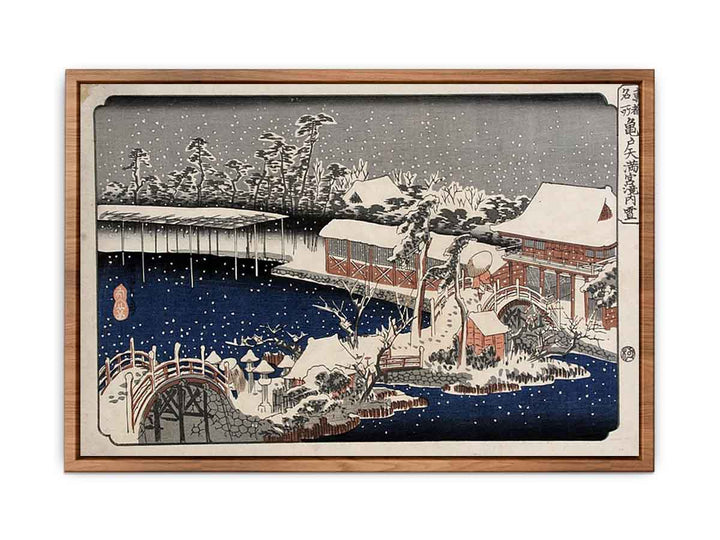 Snow at night a scene depicting a house river and ornamental garden under falling snow from the series 53 Stations of the Tokaido