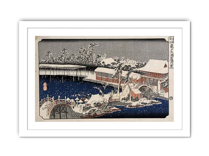 Snow at night a scene depicting a house river and ornamental garden under falling snow from the series 53 Stations of the Tokaido