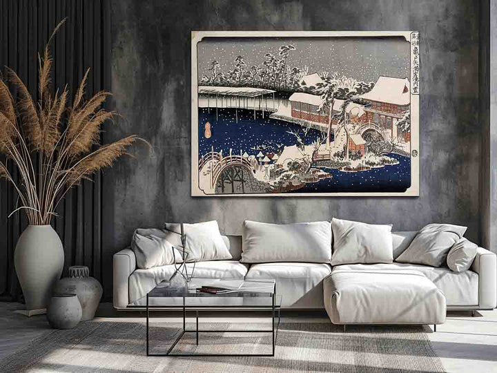 Snow at night a scene depicting a house river and ornamental garden under falling snow from the series 53 Stations of the Tokaido