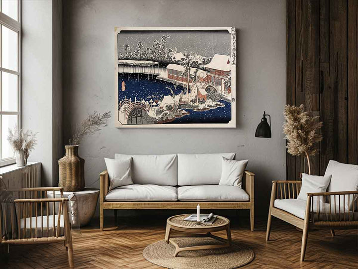 Snow at night a scene depicting a house river and ornamental garden under falling snow from the series 53 Stations of the Tokaido