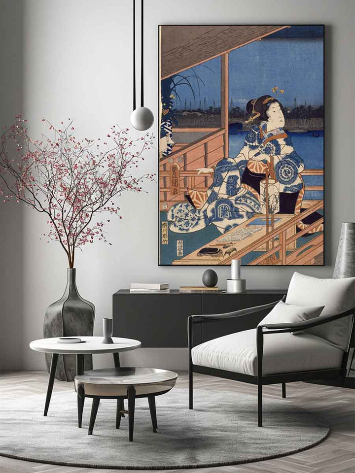 Moonlight View of Tsukuda with Lady on a Balcony