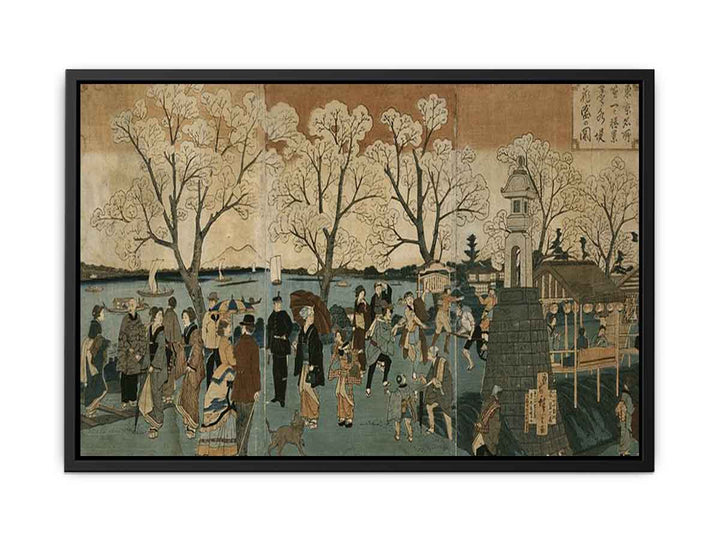Japanese triptych print showing Japanese and foreign people walking along the Sumida River among cherry trees in full bloom