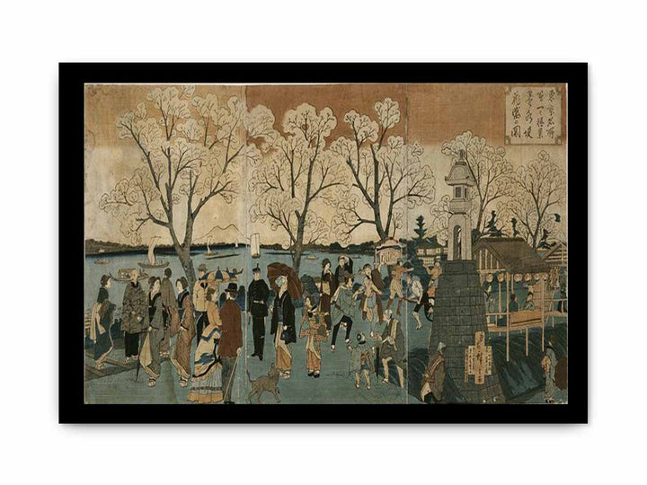 Japanese triptych print showing Japanese and foreign people walking along the Sumida River among cherry trees in full bloom