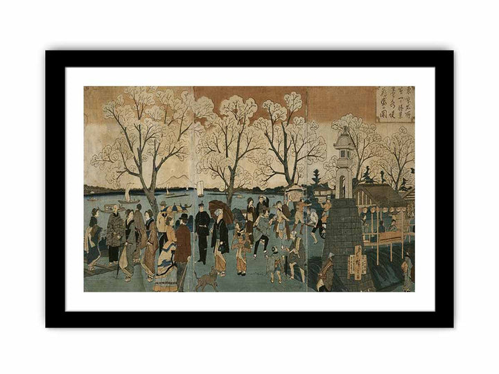 Japanese triptych print showing Japanese and foreign people walking along the Sumida River among cherry trees in full bloom