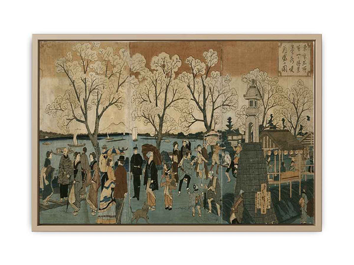 Japanese triptych print showing Japanese and foreign people walking along the Sumida River among cherry trees in full bloom