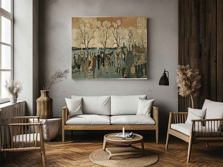 Japanese triptych print showing Japanese and foreign people walking along the Sumida River among cherry trees in full bloom