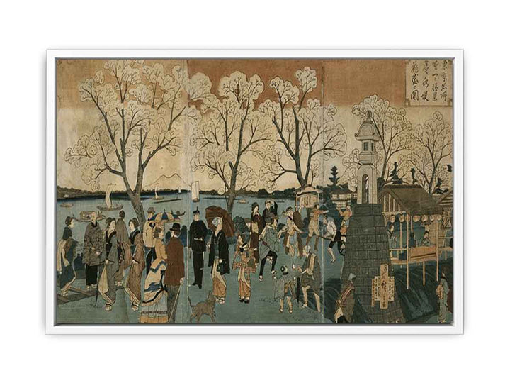 Japanese triptych print showing Japanese and foreign people walking along the Sumida River among cherry trees in full bloom