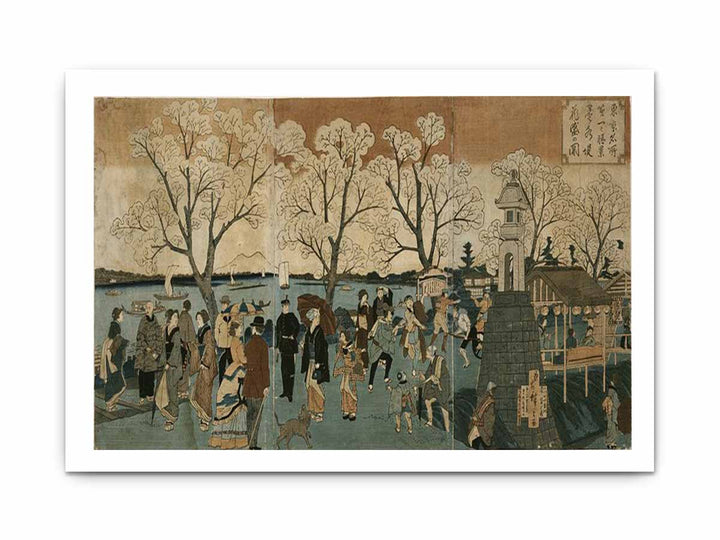 Japanese triptych print showing Japanese and foreign people walking along the Sumida River among cherry trees in full bloom