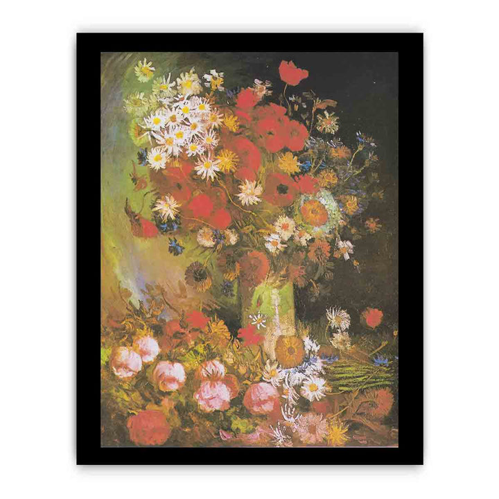 Vase with cornflowers and poppies, peonies and chrysanthemums