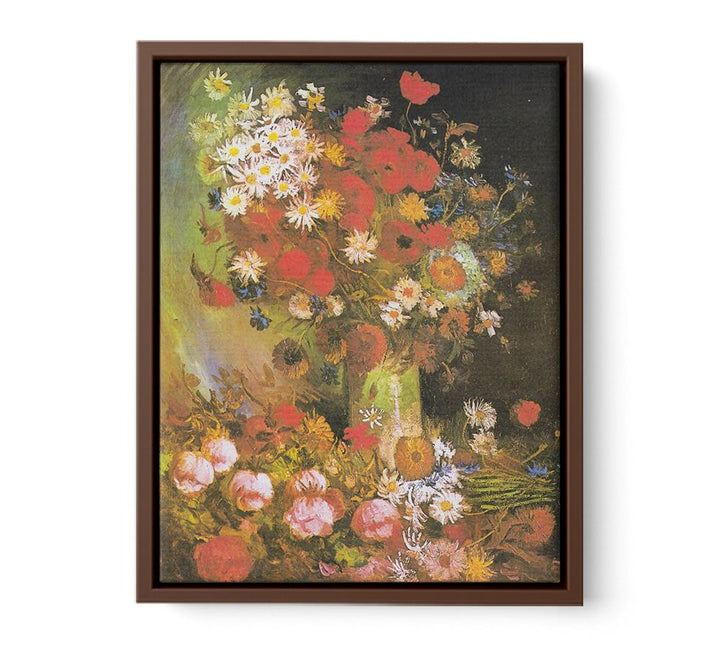 Vase with cornflowers and poppies, peonies and chrysanthemums
