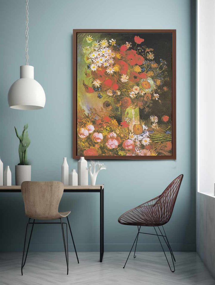 Vase with cornflowers and poppies, peonies and chrysanthemums