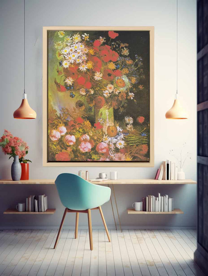 Vase with cornflowers and poppies, peonies and chrysanthemums