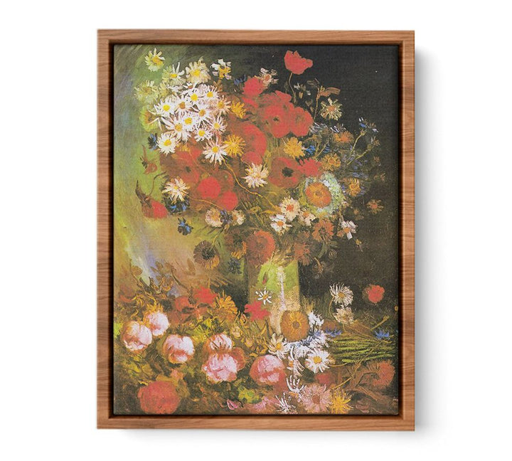 Vase with cornflowers and poppies, peonies and chrysanthemums