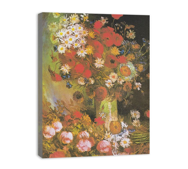 Vase with cornflowers and poppies, peonies and chrysanthemums