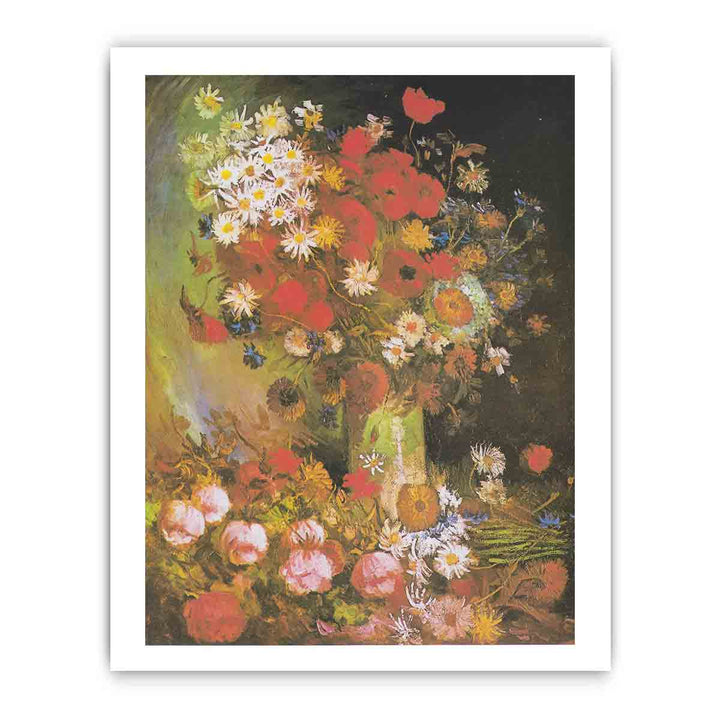 Vase with cornflowers and poppies, peonies and chrysanthemums