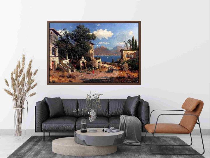 An Italian Village By A Lake Painting