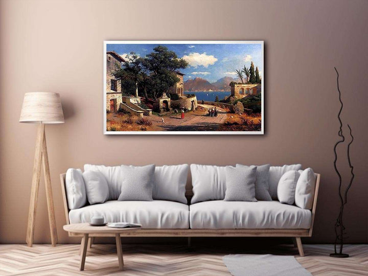 An Italian Village By A Lake  Painting