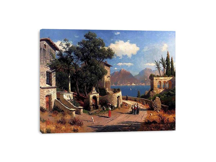 An Italian Village By A Lake  Painting