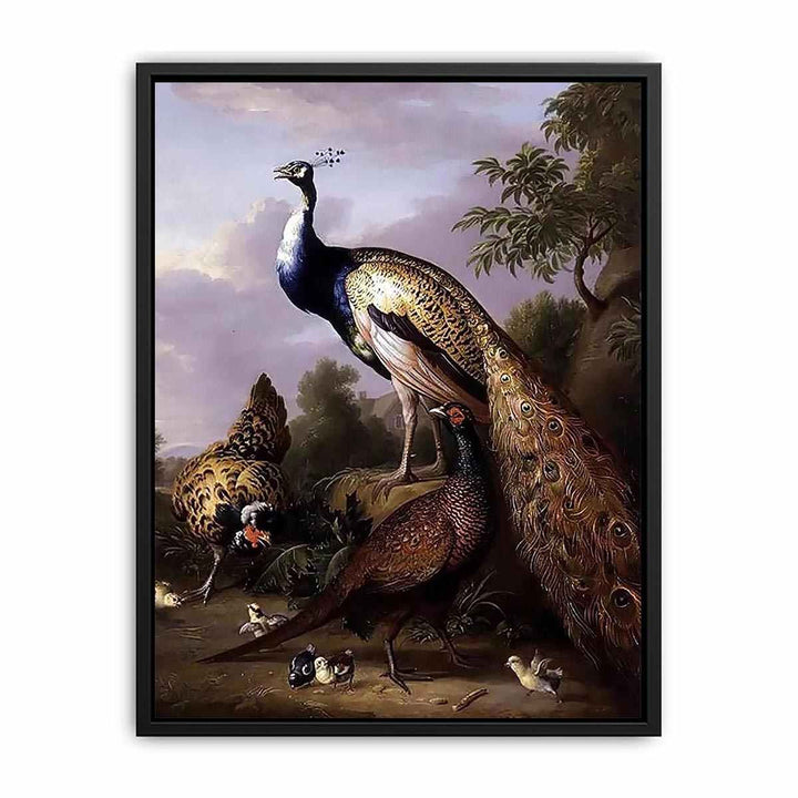Peacock, Hen and Cock Pheasant in a Landscape