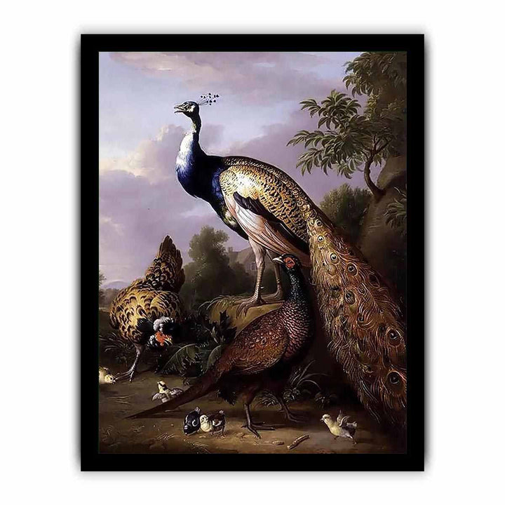 Peacock, Hen and Cock Pheasant in a Landscape