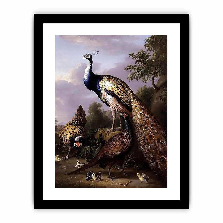 Peacock, Hen and Cock Pheasant in a Landscape