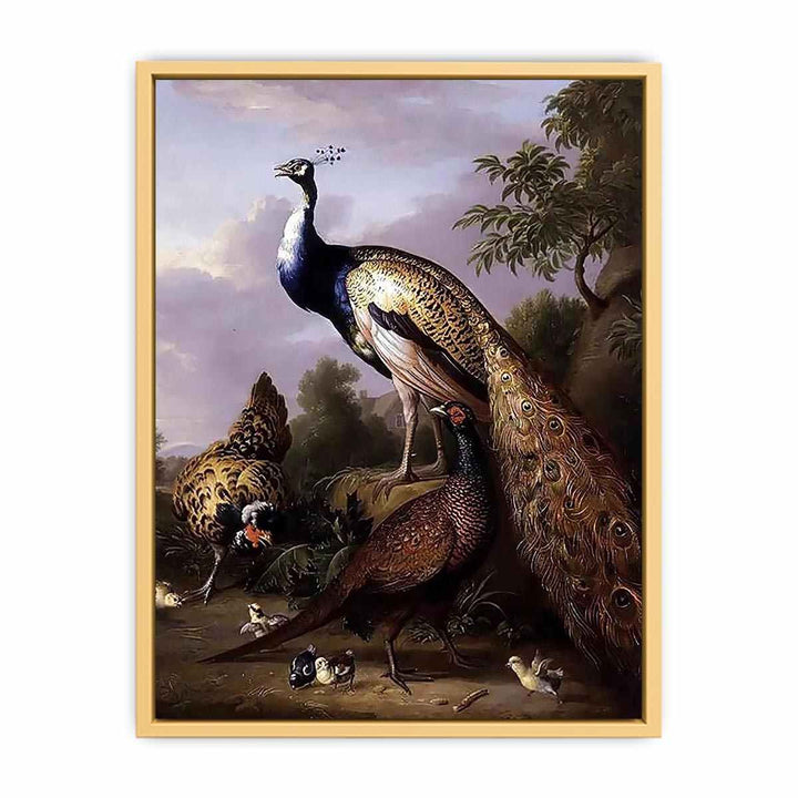 Peacock, Hen and Cock Pheasant in a Landscape