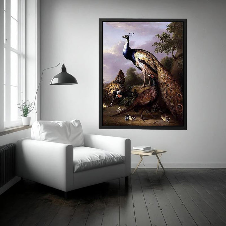 Peacock, Hen and Cock Pheasant in a Landscape