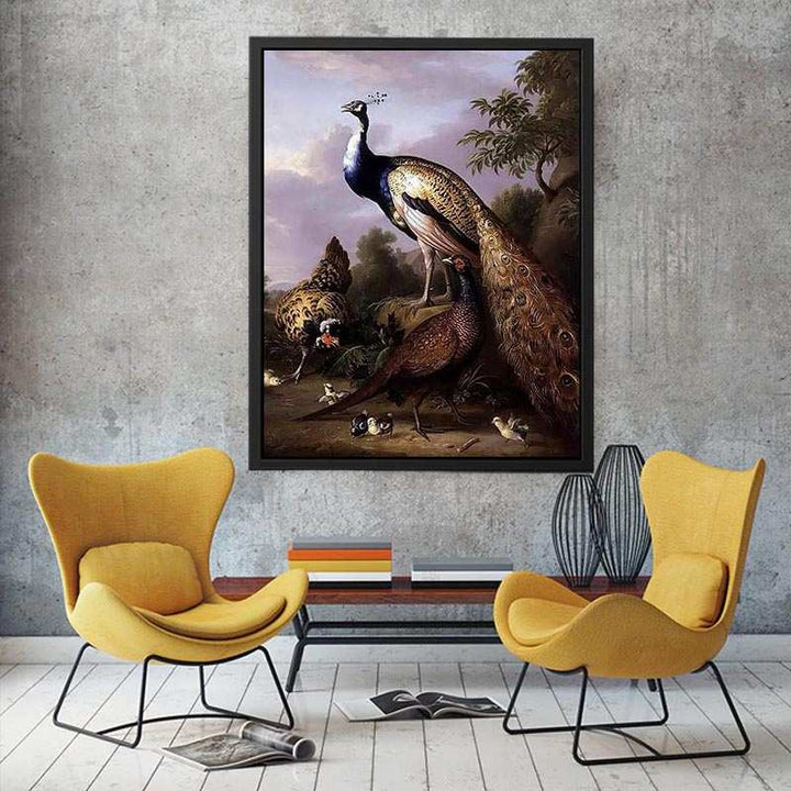Peacock, Hen and Cock Pheasant in a Landscape