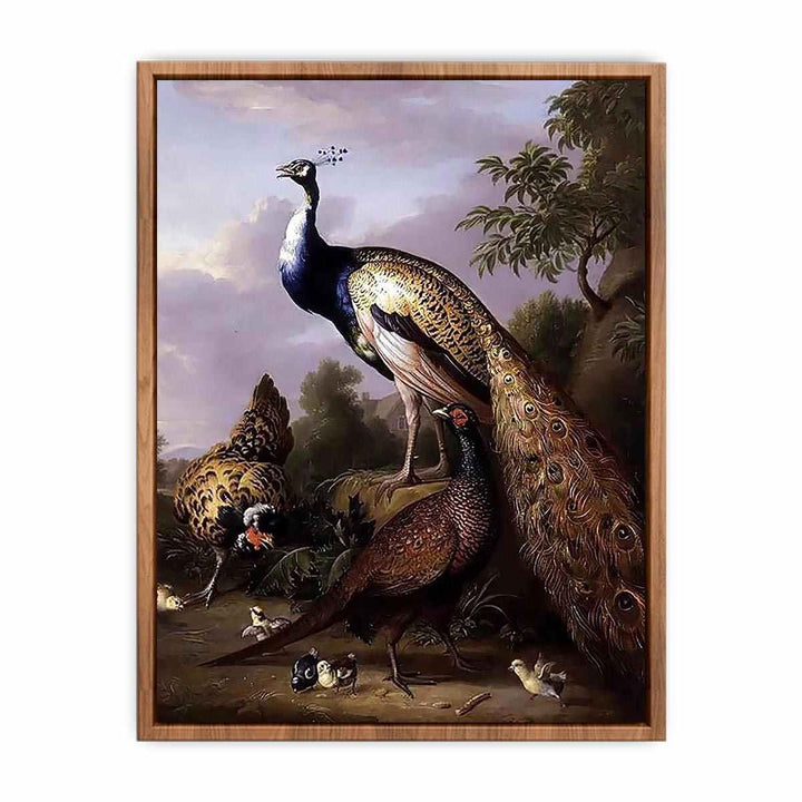 Peacock, Hen and Cock Pheasant in a Landscape