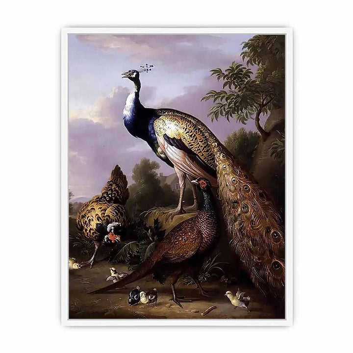Peacock, Hen and Cock Pheasant in a Landscape