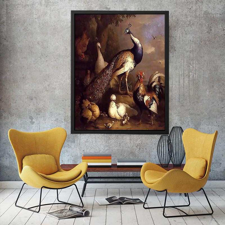 Peacock, Peahen and Poultry in a Landscape  Painting