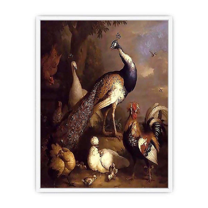 Peacock, Peahen and Poultry in a Landscape Framed Print
