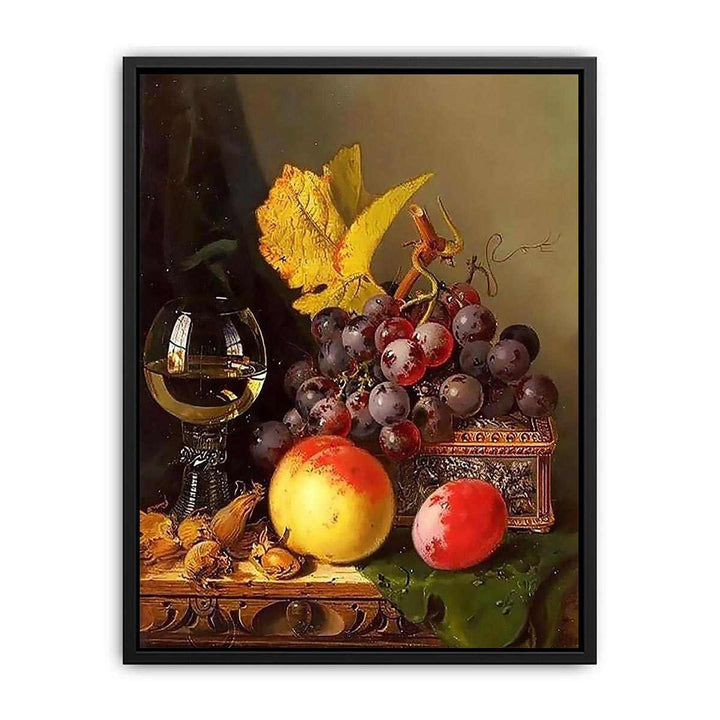 A Still Life of Black Grapes, a Peach, a Plum, Hazelnuts, a Metal Casket and a Wine Glass on a Carved Wooden Ledge
