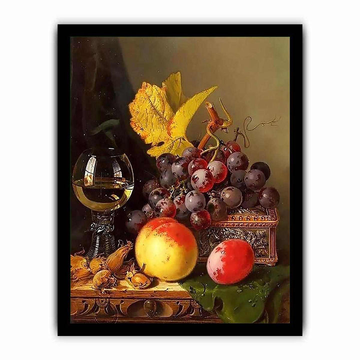 A Still Life of Black Grapes, a Peach, a Plum, Hazelnuts, a Metal Casket and a Wine Glass on a Carved Wooden Ledge
