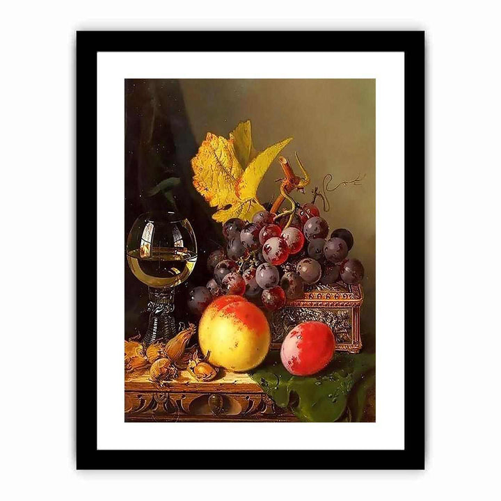A Still Life of Black Grapes, a Peach, a Plum, Hazelnuts, a Metal Casket and a Wine Glass on a Carved Wooden Ledge