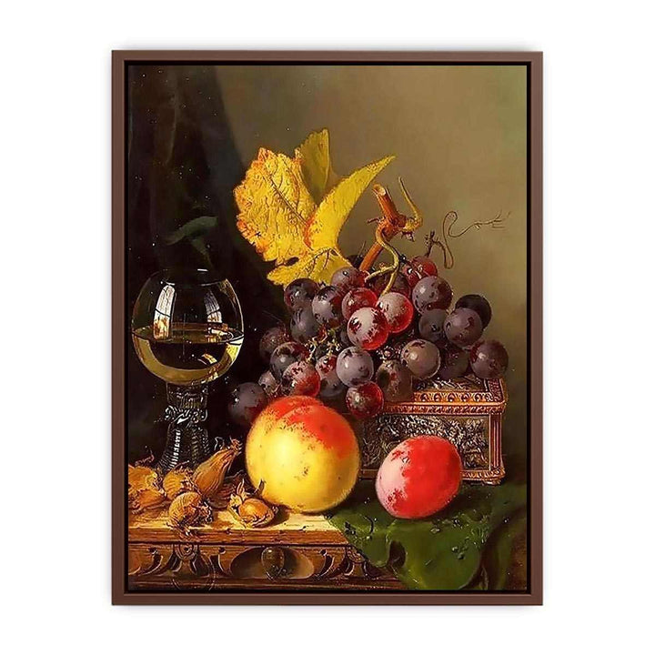 A Still Life of Black Grapes, a Peach, a Plum, Hazelnuts, a Metal Casket and a Wine Glass on a Carved Wooden Ledge