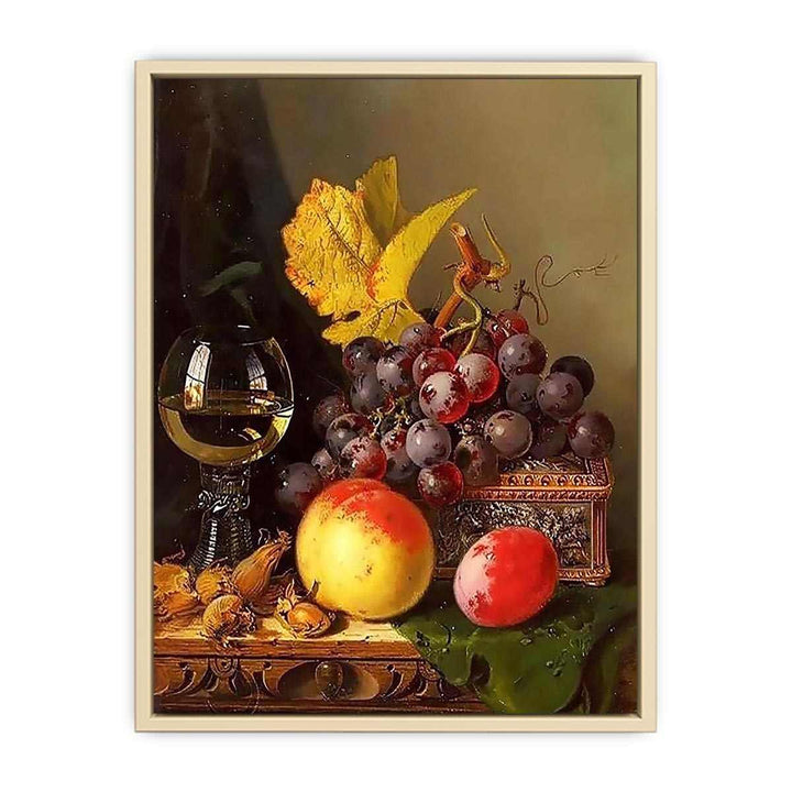 A Still Life of Black Grapes, a Peach, a Plum, Hazelnuts, a Metal Casket and a Wine Glass on a Carved Wooden Ledge